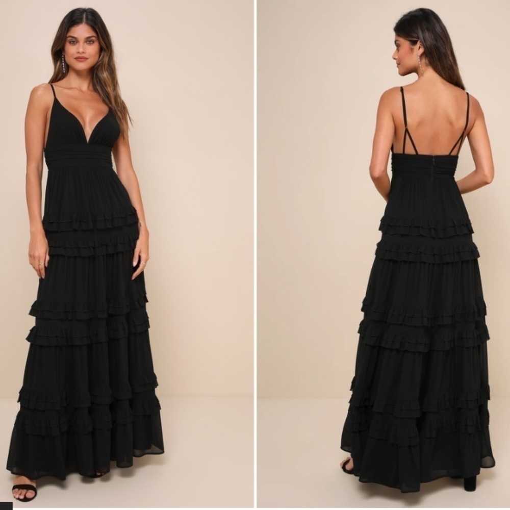 LULU's Prom Wedding Flowy Romantic Tiered Ruffle Open Back Maxi Dress NWOT - Picture 2 of 4